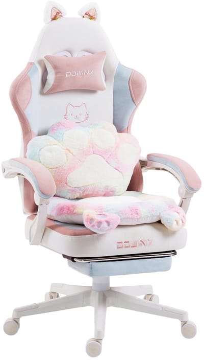 DowinxGaming Stoel Ergonomisch met Voetsteun – Vleugelloze Zit – Verstelbare Rugleuning – Zachte Stof – Multicolor-wit – Voor Gaming, Werk en Studie – Middelgroot