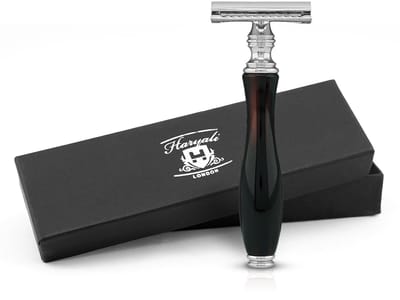 Haryali London Classic Double Edge (DE) veiligheidsscheermes verchroomd met gesloten kam voor heren en dames, Inclusief 5 Mesjes (Rood & Zwart)