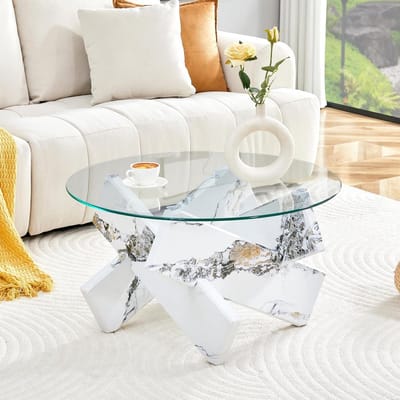 Ronde Salontafel - Glazen Tafel - Woonkamer Decoratie - Kruisstructuur Basis - 79 x 45 cm - Wit Transparant