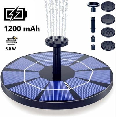 JGS Solar Fontein op Zonne Energie met Accu Backup - Inclusief 6 Opzetstukken en Sproeicombinaties - 1200mAh Batterij - 3.0W Zonnepaneel - ⌀180mm