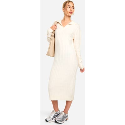 boohoo Dames Zacht gebreide dikke ribkraagdetail midaxi-jurk | Ecru | Maat: Small