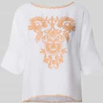 Blouses T-shirt met linnen en motiefstitching