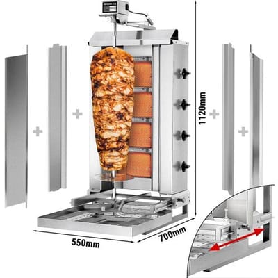 GGM Gastro Gas Gyros-/ Dönergrill - 4 bewegliche Brenner - max. 60 kg - inkl. 2 Schutzbleche & 2 Flügeltüren