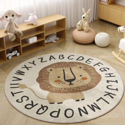 Slaapkamerdecoratie in cartoonstijl leeuwenpatroon Tapijt Leuke Ronde Vloerkleden voor Woonkamer Pluche Bedkleed Fluffy Zachte Vloermat 100x100cm