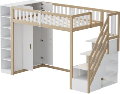 Hoogslaper - 90x200 - Kledingkast Opberg - Compact - Grenen MDF - Wit/Grijs/Hout