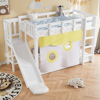 Stapelbed 90x200 cm - houten bed met trap - met bedgordijn - glijbaan - kinderbed met valbeveiliging en leuning - wit - zonder matras
