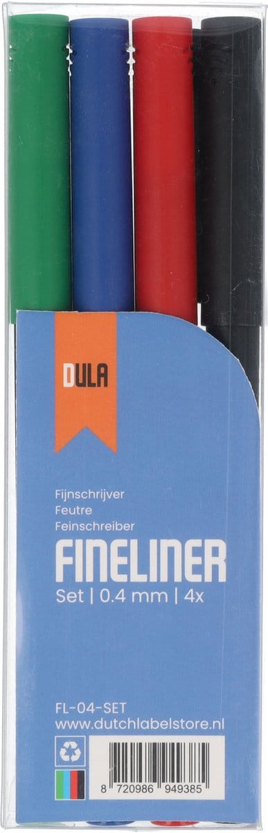 Fineliners set van 4 kleuren 0.4mm - Fineliner set - Gekleurde pen - Tekenen & kleuren -4 stuks zwart-rood-blauw-groen - DULA