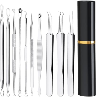 10 stuks set voor acnebehandelingen - opbergdoos - Mee-eterverwijderaar voor het gezicht - Neusreiniger voor acne - 14,8 * 2,9 * 2,3 cm - Voor de behandeling van acne op het gezicht en de neus, het verwijderen van mee-eters en acneverzorging - Zilver