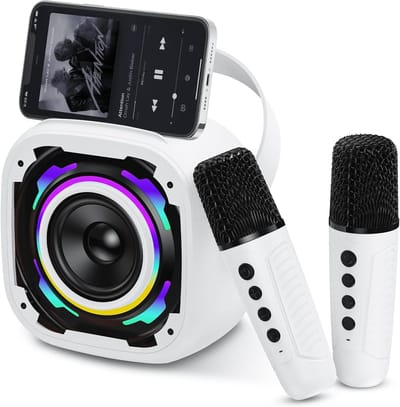 Draadloze Bluetooth Karaokemicrofoon Luidspreker Wit - Dynamisch Licht, Telefoonhouder, Spraakvervormer - 2 Microfoons