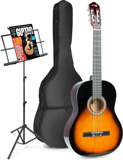 Akoestische gitaar voor beginners - MAX SoloArt klassieke gitaar / Spaanse gitaar 4/4 - Met o.a. 39'' gitaar, muziekstandaard, gitaartas, gitaar stemapparaat en extra accessoires - Sunburst
