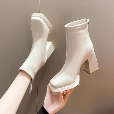 Dames enkellaarsjes Platform vierkante hoge hak Dames korte laarzen Lakleer PU-leer Dameslaarzen Schoenen voor dames 41