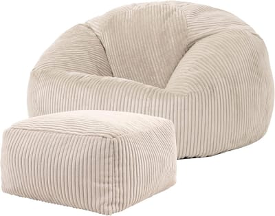 icon Kingston Bean Bag with Footstool, Beige, Corduroy Fabric, Armchair, Bean Bag Adult with Filling Included, Bean Bag, Bedroom, Living Room, Living Room Furniture