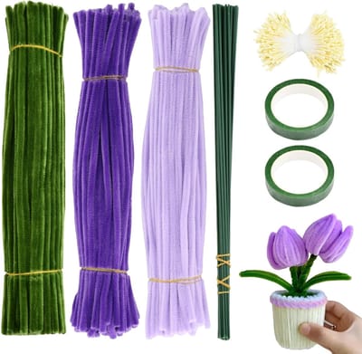 300 Pcs Kleurige Tulpenboeket Borstels - 12 Inch Flexibele Borstels - Kleurige Chenille Draad met 20 Stelen Bloemdraad - 400 Bloem Kern - 2 Bloemenlint (Paars)