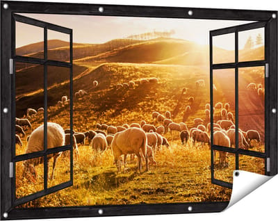 Gards Tuinposter Doorkijk Schapen in de Heuvels bij Zonsondergang - 120x80 cm - Tuindoek - Tuindecoratie - Wanddecoratie buiten - Tuinschilderij