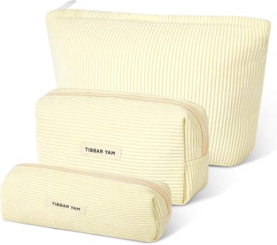 Cosmetica Tas van Corduroy - Kleine Make-up Tas, Reistas met Rits, Organizer voor Vrouwen, Perfect voor Reizen, School en Cadeaus, #8 Beige - 3 Stuks