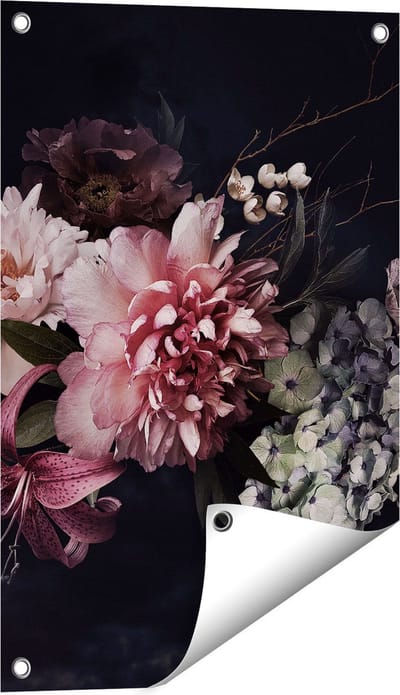 Gards Tuinposter Diverse Bloemen op Zwart Achtergrond - 40x60 cm - Tuindoek - Tuindecoratie - Wanddecoratie buiten - Tuinschilderij