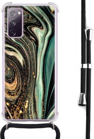 Hoesje met koord geschikt voor Samsung Galaxy S20 FE - Magic marble - Inclusief koord - Crossbody beschermhoes - Transparant, Groen - Mooie Telefoonhoesjes