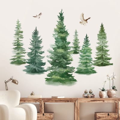 Allecto - Waterverf Muursticker - Grote Pijnbomen - Muurdecoratie - Wandtattoo - Vogels - Geschikt voor Slaapkamer en Woonkamer
