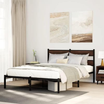 Bedframe met hoofdeinde - Stalen bedframe - Slaapkamer inrichten - Ruime opbergruimte - 137 x 190 cm - Bruin eiken