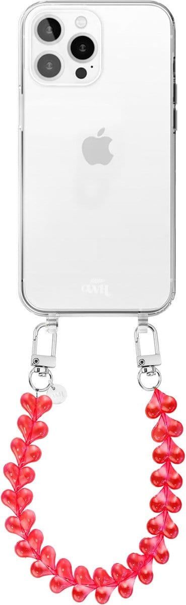 xoxo Wildhearts siliconen hoesje - Geschikt voor iPhone 16 Pro Max hoesje - Funky Hearts - Telefoonhoesje - Hoesje met koord - Transparant rood koord - kort telefoonkoord - Hartjes ketting - Transparant hoesje