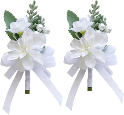 Rozen Corsage - Bruiloft Accessoires - Feestelijke Aankleding - Met Parels Bladeren - 9x14cm - Wit