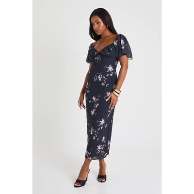 boohoo Dames Bloemenjurk met engelenmouwen in midaxi lengte | Black | Maat: 8