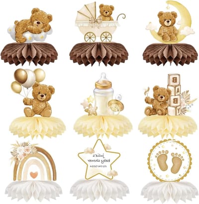 9-delige Bruine Teddybeer Baby Shower Decoraties, Honeycomb Centerpieces voor Jongens en Meisjes, Gender Reveal en Feestversiering