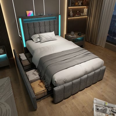 VVBV Jongerenbed met USB-C lader, ledverlichting en 2 lades - 90x200 cm - Grijs (zonder matras)