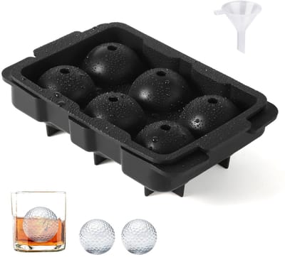 Dailygoods- IJsblokjesmaker Siliconen - Golfbal IJsblokjesvorm - 6 Grote IJsballen - Inclusief Trechter - BPA-vrij - Zwart 17x11x5cm - Ijsballenmaker