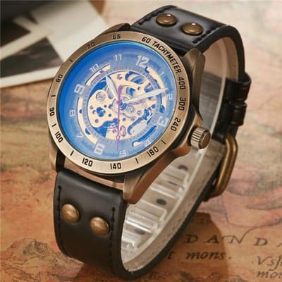 Retro Stijl Heren Automatisch Mechanisch Horloge Skelet Steampunk Echt Lederen Band Heren Zelfopwindende Polshorloges Heren Reloj gray