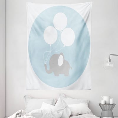 ABAKUHAUS Olifanten babykamer wandtapijt en sprei, ballonnen baby, 110 x 150 cm, mauve lichtblauw wit