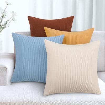 KENOBE Corduroy Kussensloop, 45 x 45 cm, kerst, zachte kussenhoezen, sierkussen, bankkussen, corduroy, decoratieve kussenhoes voor bank, woonkamer, slaapkamer, set van 4, geelblauwe serie