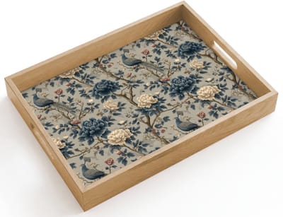 Dienblad hout 40x30 cm - Schootdienblad - Pauw - Bloemen - Blauw - Borrelplank rechthoek - Plateau dienbladen