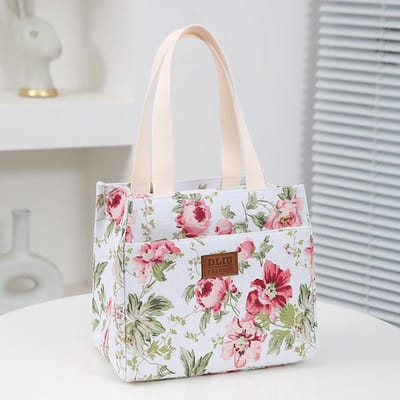 Draagbare Reis Bloemenprint Bento Geïsoleerde Lunchtas Vrouwen Herbruikbare Tote Ijskoeltas voor Picknick