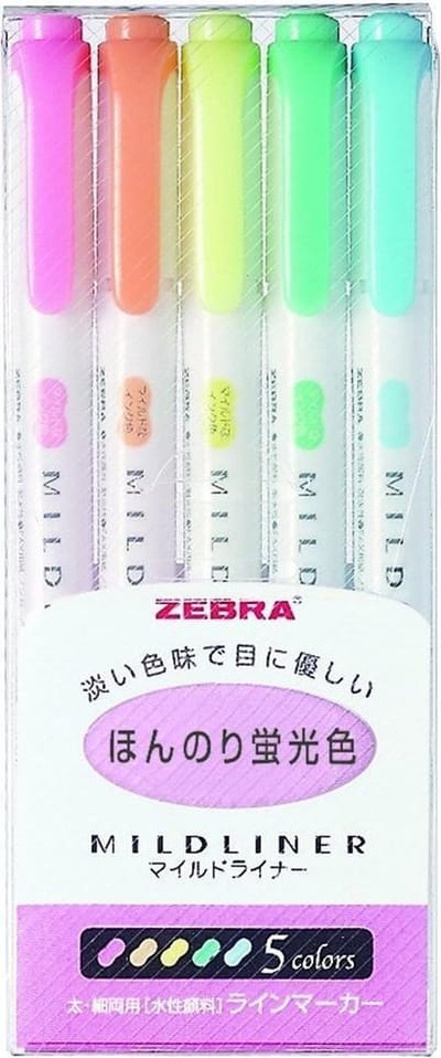 Zebra Mildliner Set : mild en fluoriserend - Dubbele stift - 5 stuks - Bullet journal – Stift