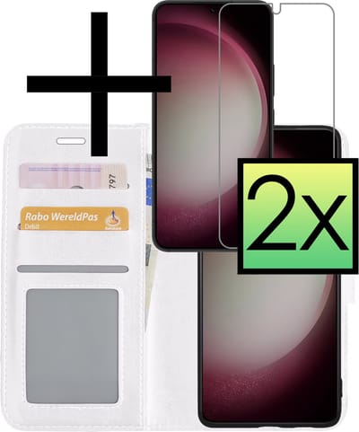 Hoesje - Met 2x Screenprotector - Geschikt voor Samsung Galaxy S23 - Luxe Pasjeshouder - Bookcase Portemonee - Flip Case - Kunstleer Book Case - Flipcase Hoes - Book Cover - Walletcase - Portemonneehoes - Wit