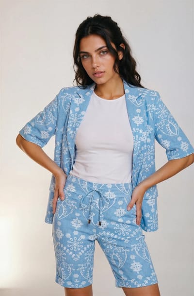 MI PIACE - Travel Blazer Korte Mouwen Print Denim Embroidery 2622 Bleached - Maat : S