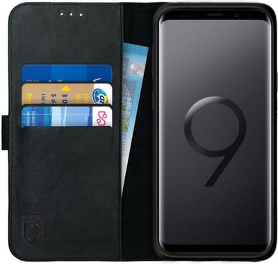 Rosso Deluxe Echt Leer Book Case Hoesje Geschikt voor Samsung Galaxy S9 Plus | Ruimte voor drie pasjes | Portemonnee Book Case | Met Pasjeshouder | Zwart