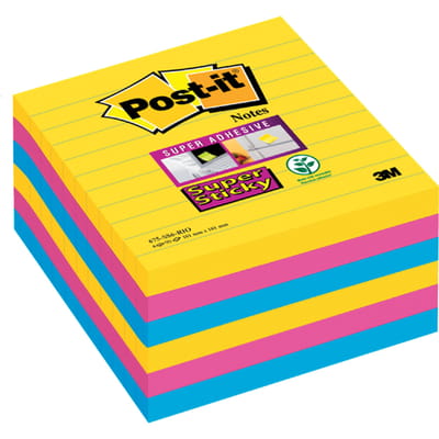 Post-it® Super Sticky Notes, Kleurenset Rio, Canary Yellow™, Mediterraan blauw, Fuchsia, Gelijnd , 101mm x 101mm, 90 blaadjes, 6 blokken
