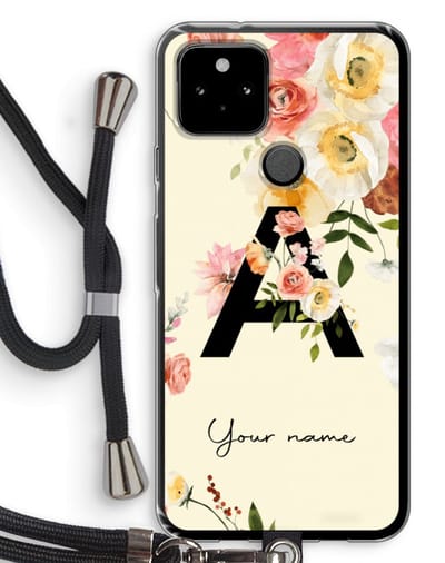 Gepersonaliseerd - Case Company® - Hoesje met koord geschikt voor Google Pixel 5 hoesje met Koord - Flirty Flowers Monogram - Telefoonhoesje met Zwart Koord - Bescherming aan alle Kanten en Over de Schermrand