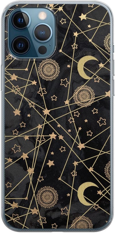 Leuke Telefoonhoesjes - Hoesje geschikt voor iPhone 12 Pro - Sterren, zon, maan - Soft case - TPU - Sterren - Zwart