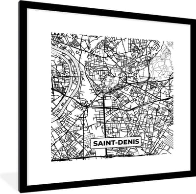 Fotolijst incl. Poster Zwart Wit- Stadskaart - Frankrijk - Kaart - Saint-Denis - Plattegrond - Zwart wit - 40x40 cm - Posterlijst