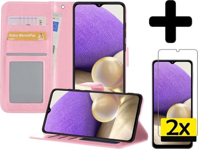 Hoesje - Met 2x Screenprotector - Geschikt voor Samsung Galaxy A32 4G - Luxe Pasjeshouder - Bookcase Portemonee - Flip Case - Kunstleer Book Case - Flipcase Hoes - Book Cover - Walletcase - Portemonneehoes - Telefoonhoesjes - Lichtroze