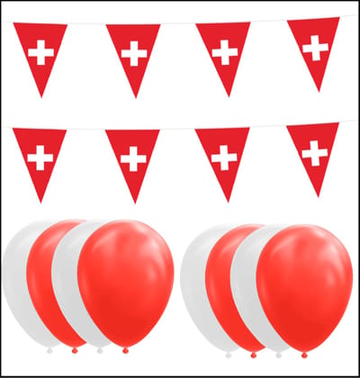 Zwitserland feestpakket Big – 6x Vlaggenlijn 10 meter + 100 ballonnen rood/wit - Versiering Slinger Feestdecoratie Decoratie