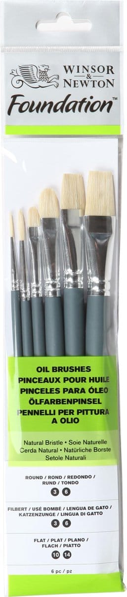 Winsor & Newton 5295025 Foundation Hog Bristle Brush Set – Korte Steel – 6-delig – Ronde, Filbert & Platte Penselen voor Olie & Acryl
