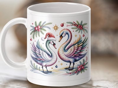 Mok Kerst Zwanen Paar, Feestelijke Koffiemok, Winter Thema Mok, Unieke Design Mok, Kerst Cadeau Idee, Waterverf Zwanen, Mok