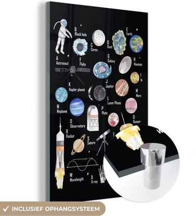 MuchoWow® Glasschilderij 120x180 cm - Schilderij acrylglas - Alfabet - Planeten - Wereldbol - Astronaut - Ruimte - Educatief - Kinderen - Kids - Foto op glas - Schilderijen