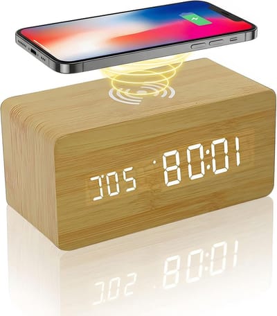 Buachois Wooden Digital Alarm Clock, 3 Alarm Display, Sound Control, Electronic LED Time Display with Wireless Charging, for Children and Families in Bedroom, Office and Families