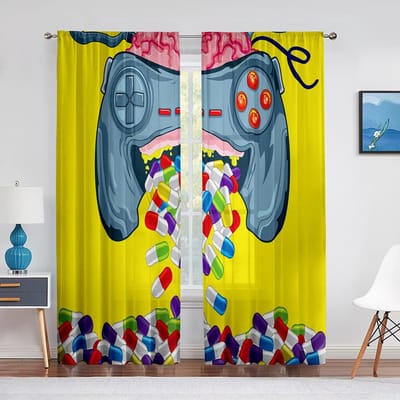 Jongens Gaming Transparant Voile Gordijn Tieners Gamepad Videogames Controller Raam Tule Gordijnen voor Woonkamer Slaapkamer Decoraties 1 PCS W100XH250cm&Grommet Top