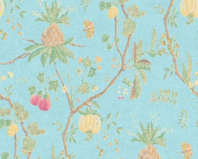 TAKKEN, VLINDER EN VRUCHTEN BEHANG - Blauw Geel Groen - AS Creation Paradise Garden